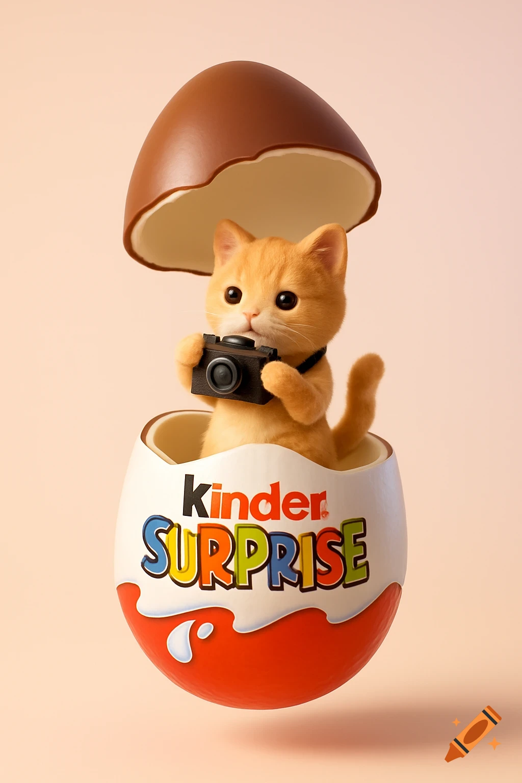 A cute ginger cat holding a camera emerges from a floating, cracked-open Kinder Surprise egg. The egg has the "Kinder SURPRISE" logo.