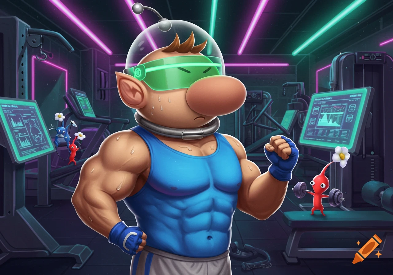 A muscular Captain Olimar sweats while working out in a neon-lit gym, as a red Pikmin lifts tiny barbells beside him.