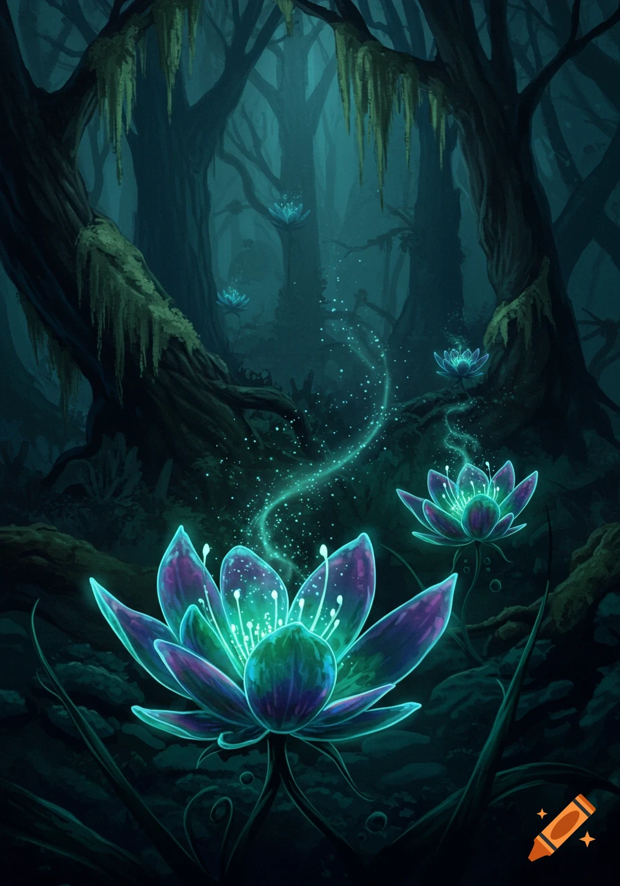 Glowing teal and purple lotus flowers in a dark, mossy fantasy forest, emitting magical light.