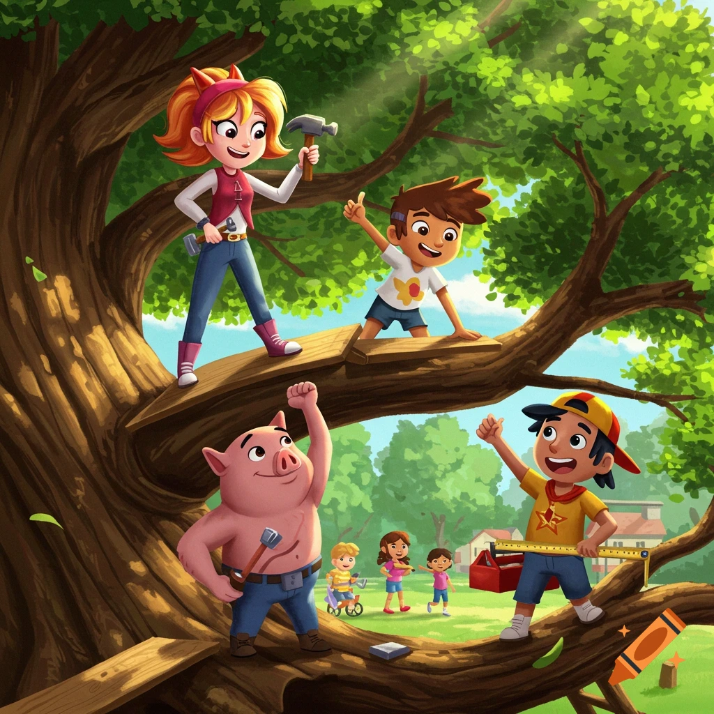 Vibrant cartoon illustration of four children and a pig happily building a treehouse in a large oak tree in a sunny park.