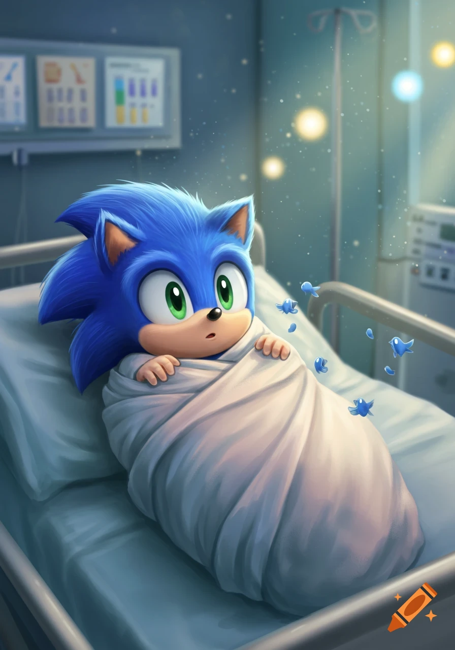 Baby Sonic the Hedgehog, swaddled in a white blanket, lies in a hospital bed with glowing lights and floating blue shapes.