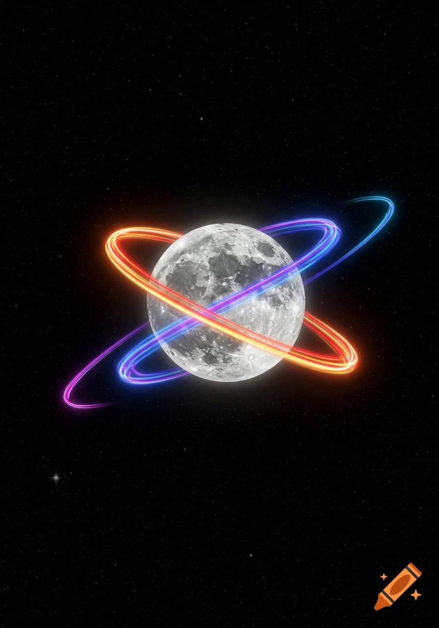 A detailed moon in a starry black galaxy, encircled by bright, glowing rings of orange, red, blue, and purple light.