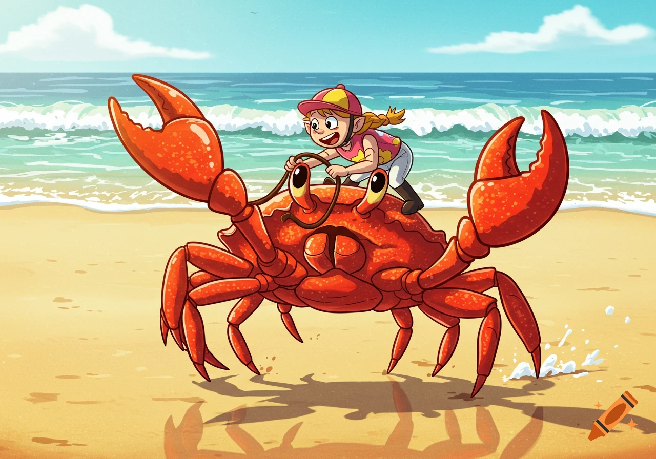A cheerful cartoon girl wearing a jockey outfit rides a large red crab on a sandy beach next to the ocean.