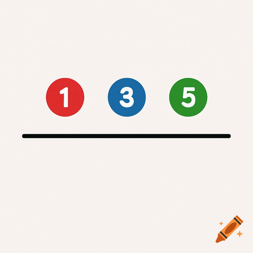 Three colored circles with numbers 1, 3, and 5 above a black line on a white background.