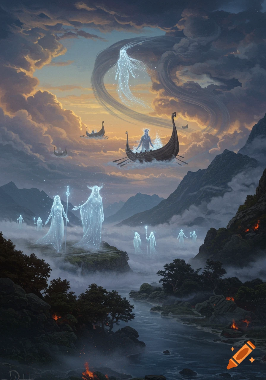 Glowing, ethereal figures and mystical boats float above a foggy, mountainous landscape under a dramatic, cloudy sky at dusk, with subtle fires below.