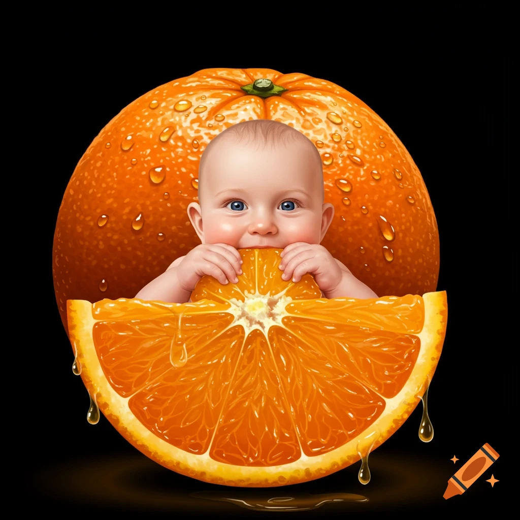 Photorealistic image of a smiling baby peeking from a whole orange, holding an orange slice to its mouth with juice dripping.