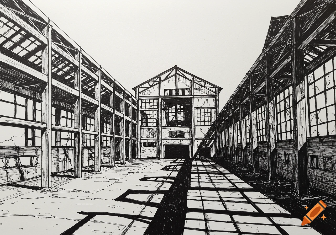 A black and white line drawing of a dilapidated, abandoned factory with broken windows and strong shadows.