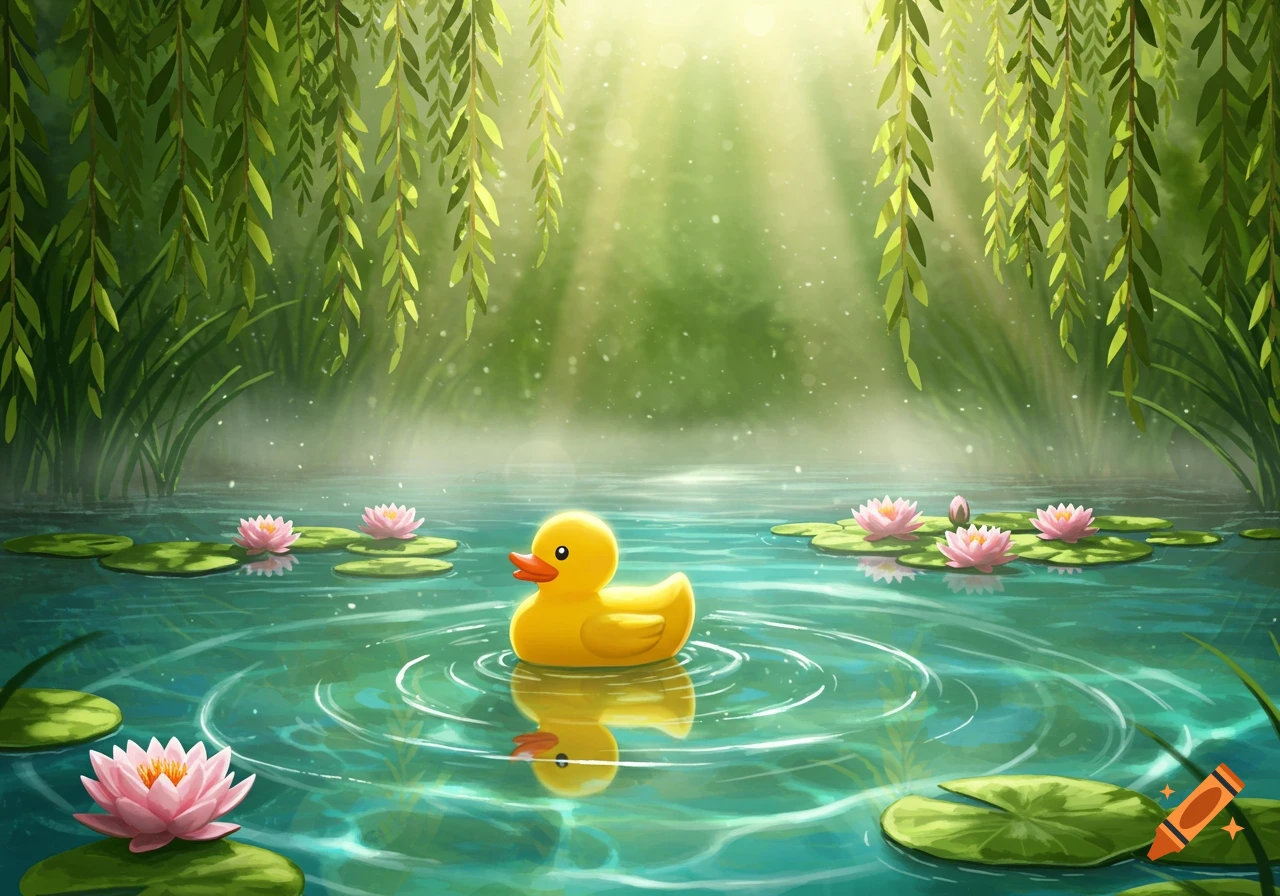 A bright yellow rubber duck floats in a vibrant green pond with pink water lilies, under a canopy of weeping willow trees.