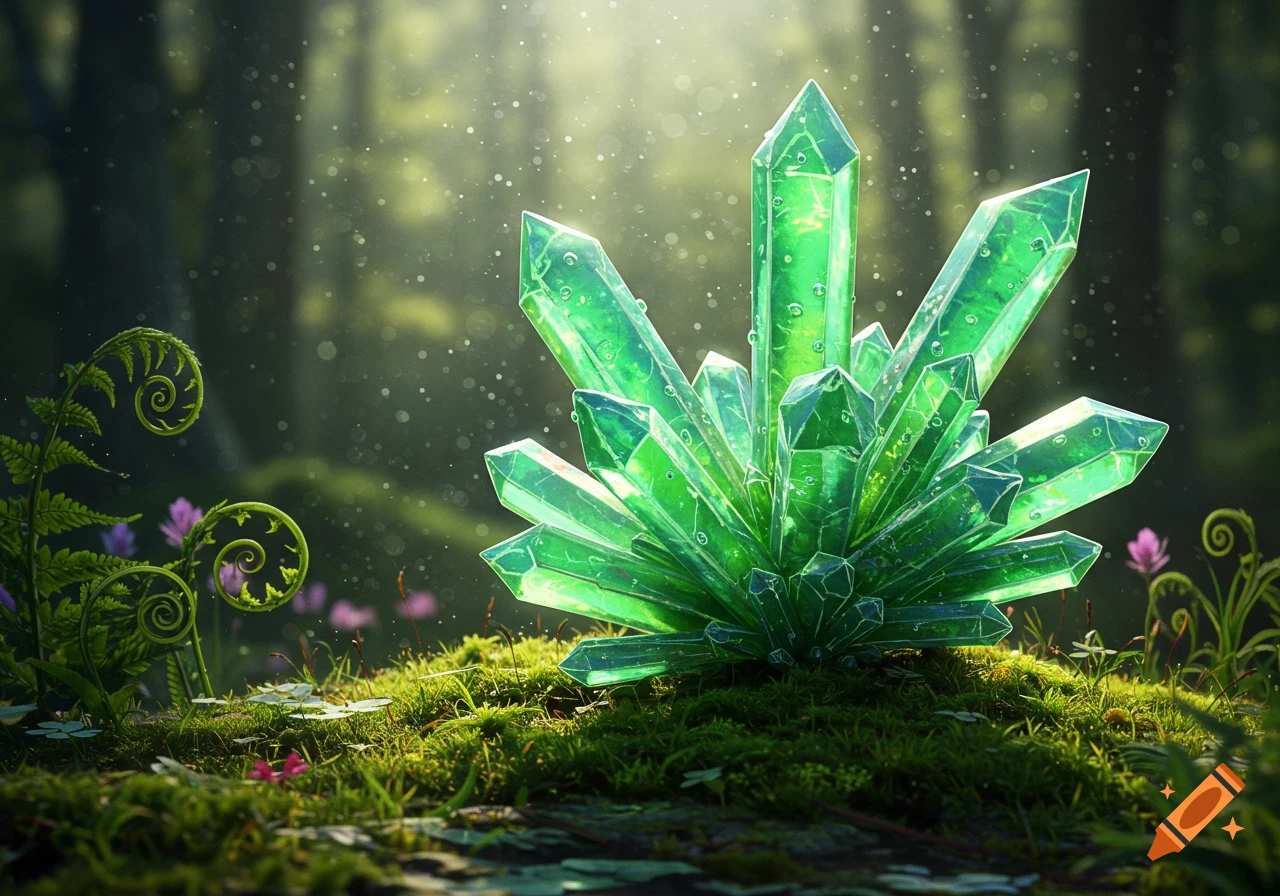A vibrant cluster of glowing green crystals sits on a mossy forest floor, surrounded by ferns.