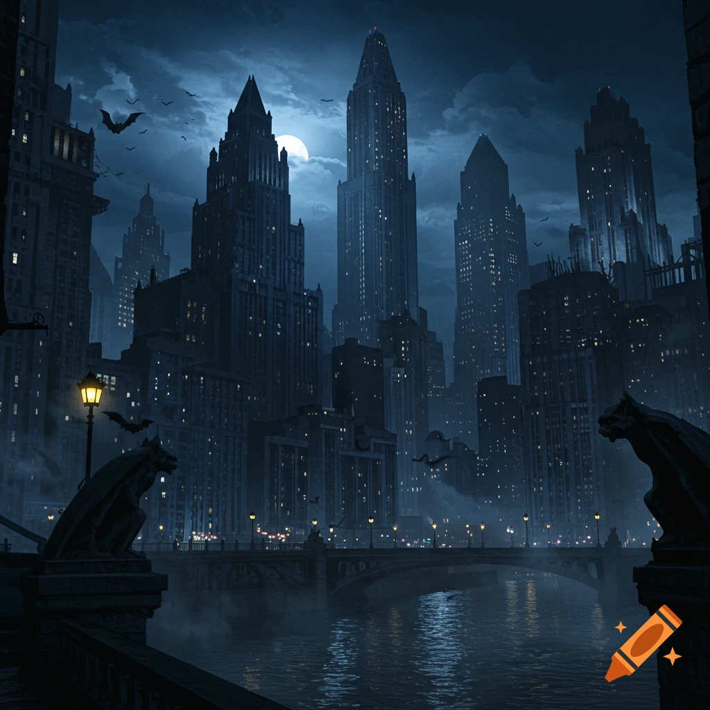A dark, gothic cityscape at night with tall skyscrapers, a river, a full moon, flying bats, and gargoyles on bridge structures.