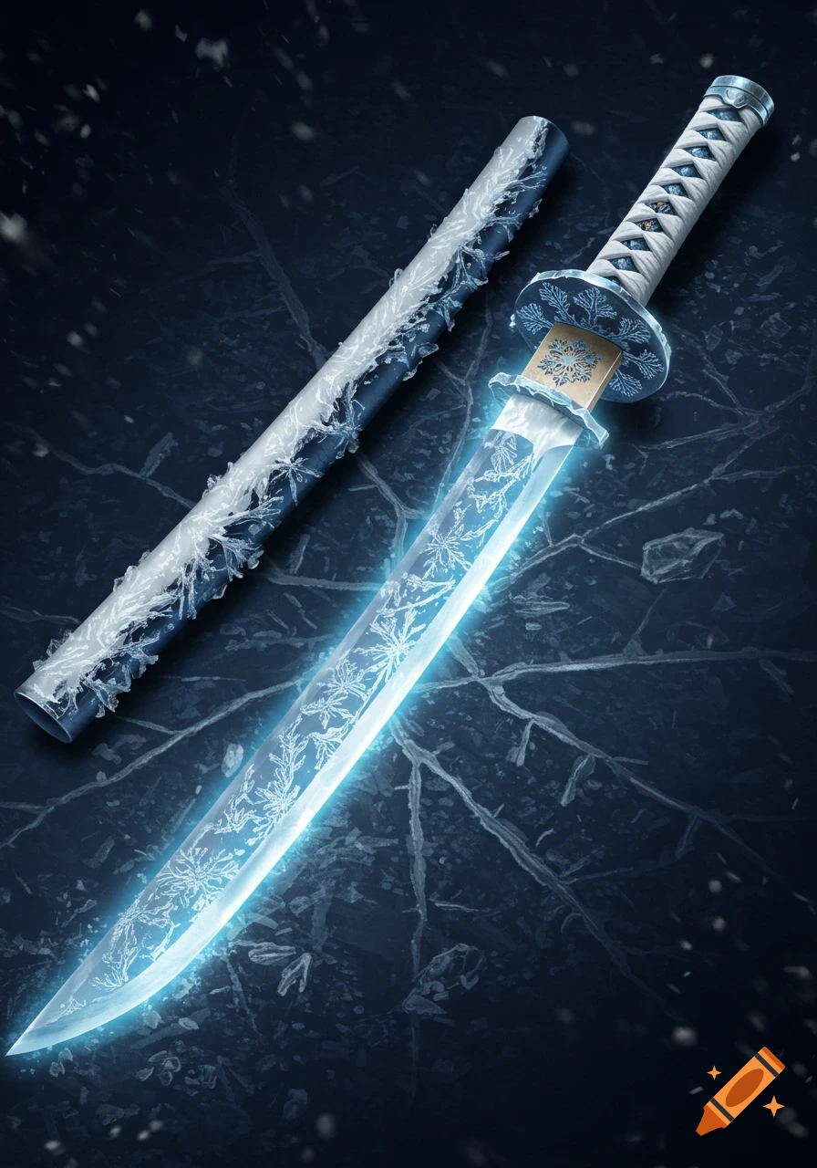 A fantasy katana with an icy blue, glowing blade engraved with frost patterns, a white handle, and a dark blue, ice-cracked sheath.