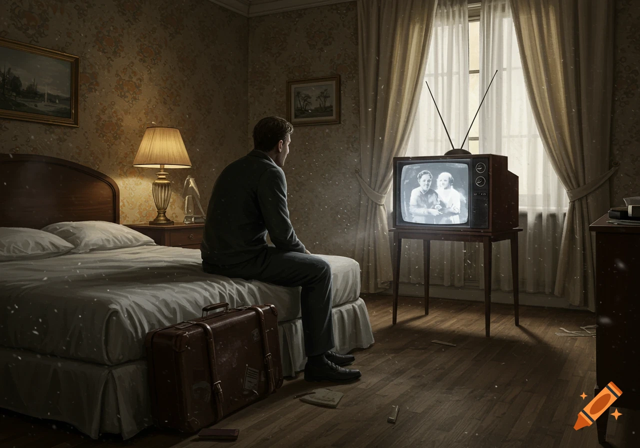 A man sits on a bed in a vintage hotel room, watching an old television showing two women.