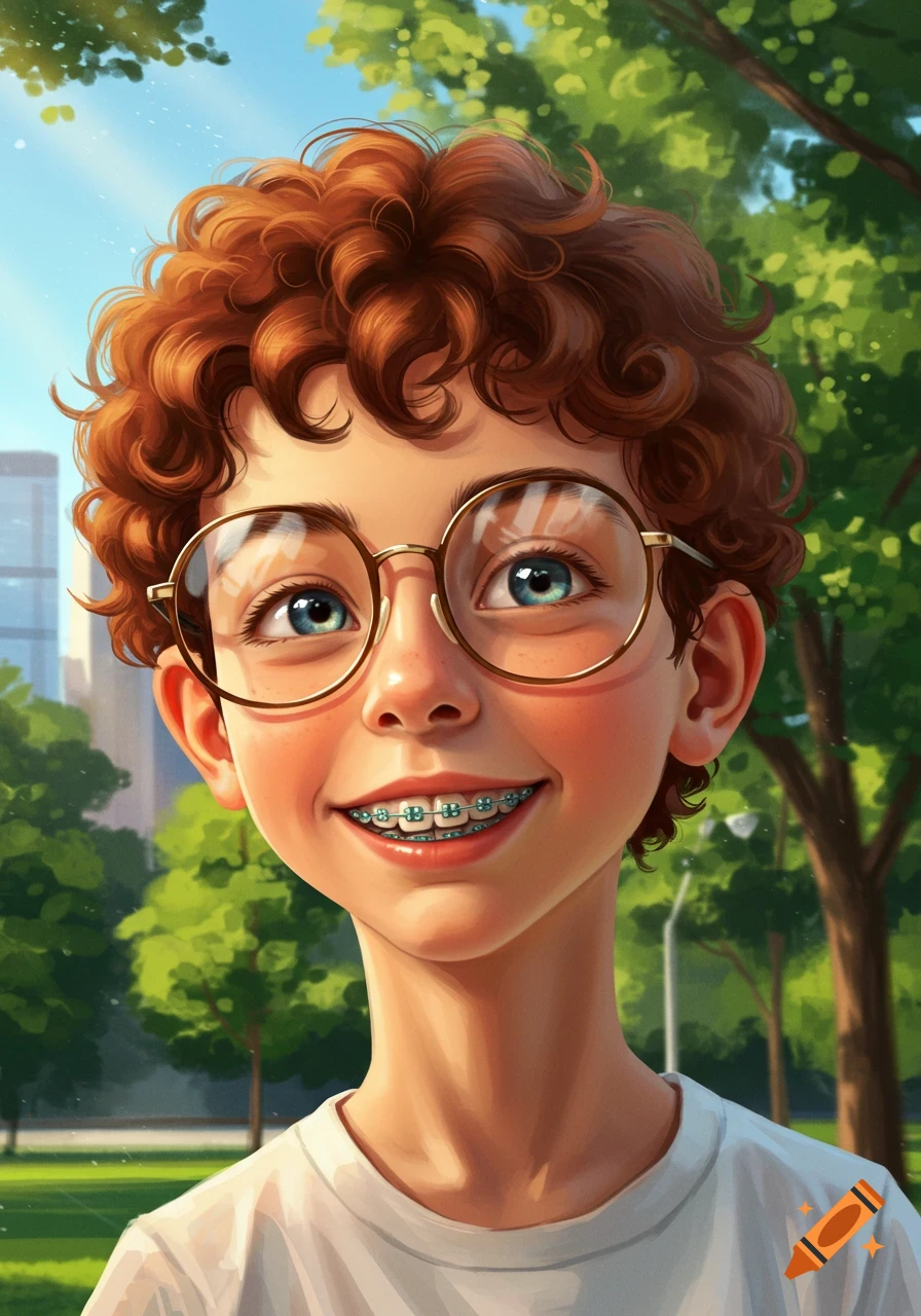 Close-up digital illustration of a smiling boy with curly red hair, blue eyes, glasses, and braces, in an outdoor park setting.