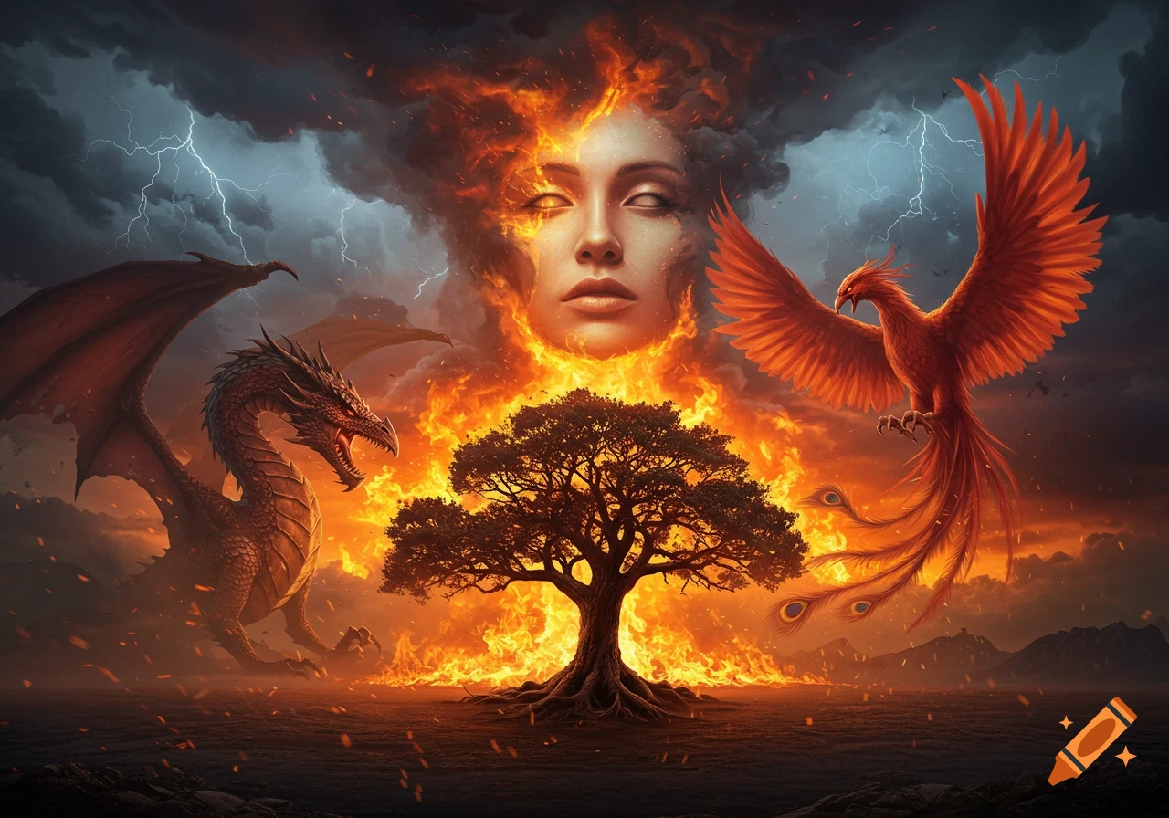 Epic scene with a burning tree, a dragon, and a phoenix under stormy skies. A woman's face emerges from fire and smoke.