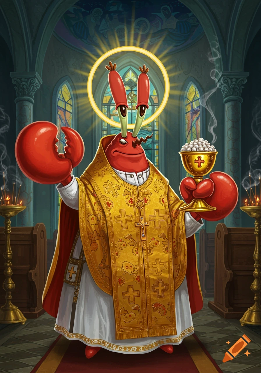 Mr. Krabs dressed as an Orthodox Christian saint, wearing golden robes and a halo, holding a chalice in a church.