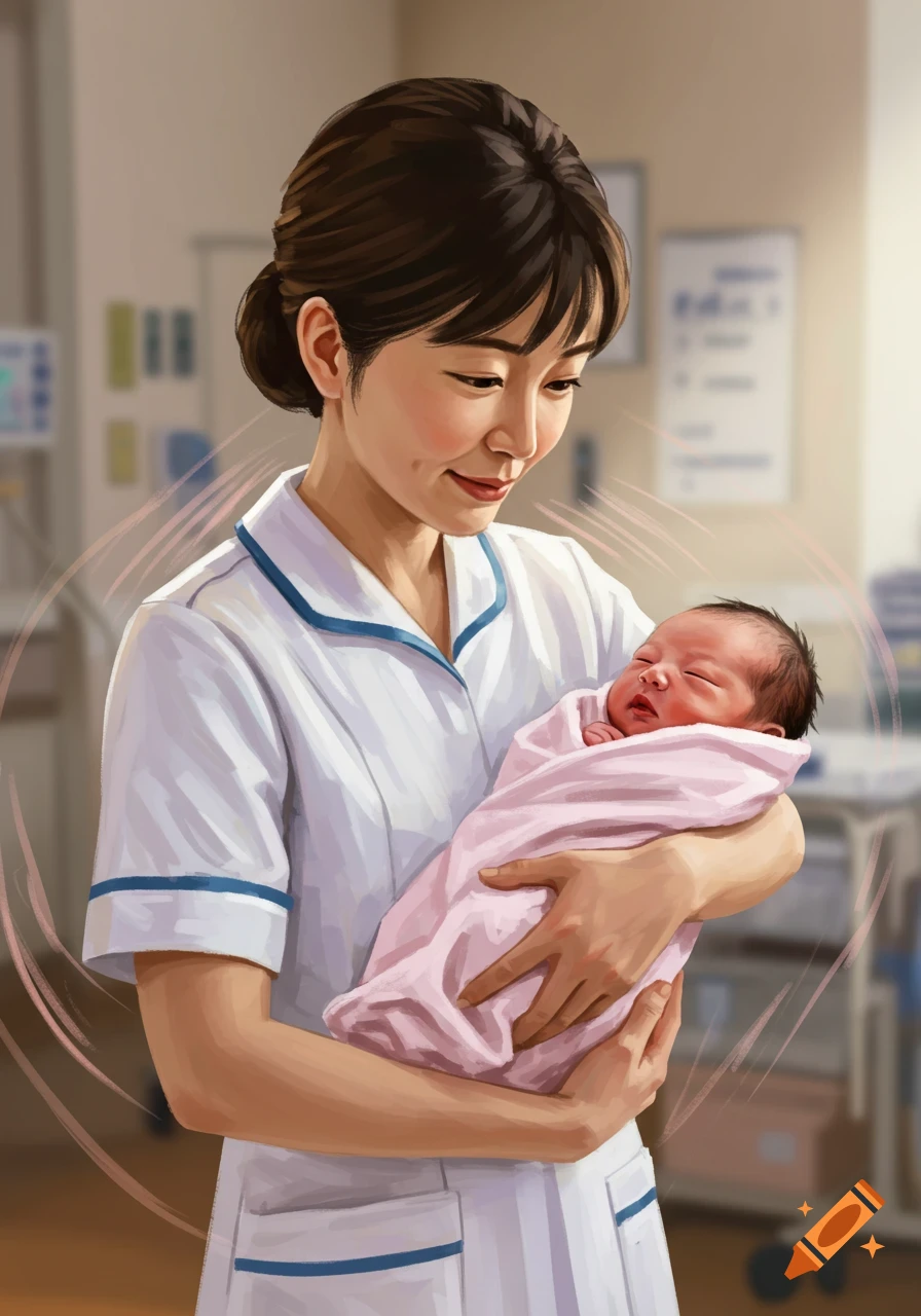 An Asian nurse in a white uniform gently holds a swaddled newborn baby in a hospital room, looking down with a soft smile. Painted style.