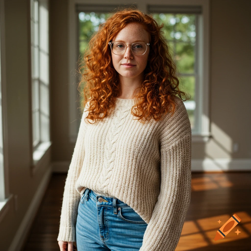 A red-haired woman with freckles and glasses, wearing a cream cable-knit sweater and jeans, stands in a sunlit room.