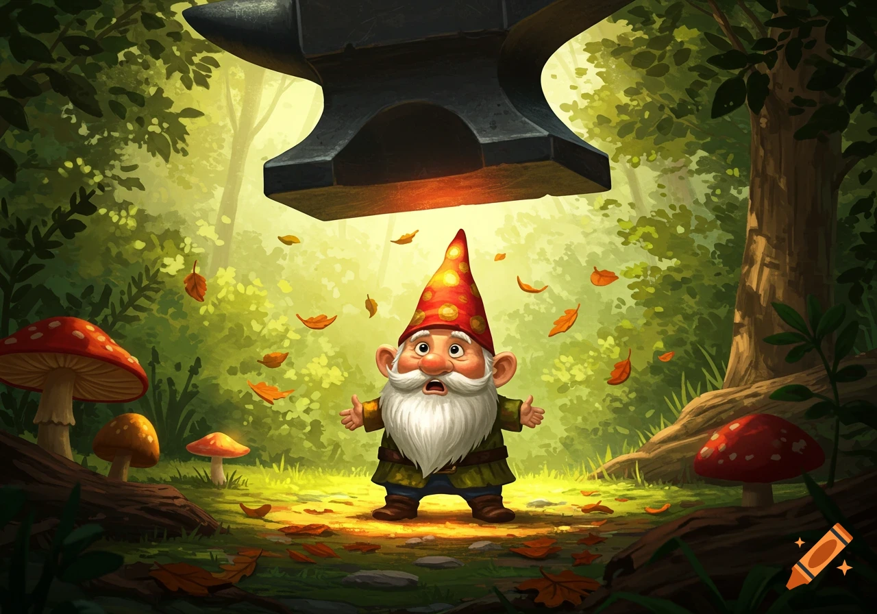 A scared cartoon gnome in a vibrant forest looks up as a large anvil falls towards it, surrounded by mushrooms and autumn leaves.