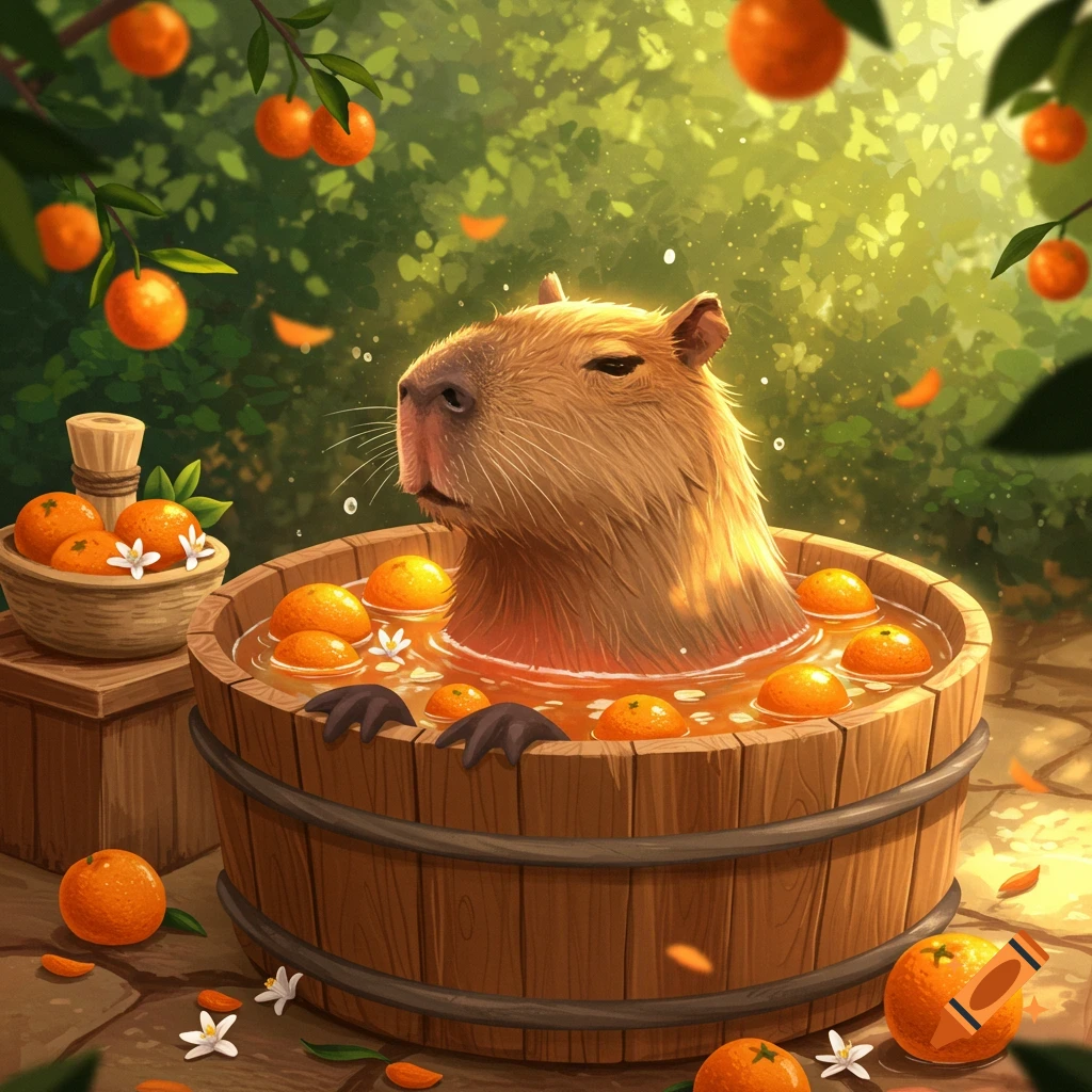 A cute capybara relaxing in a wooden bath tub filled with water and oranges, surrounded by orange trees.