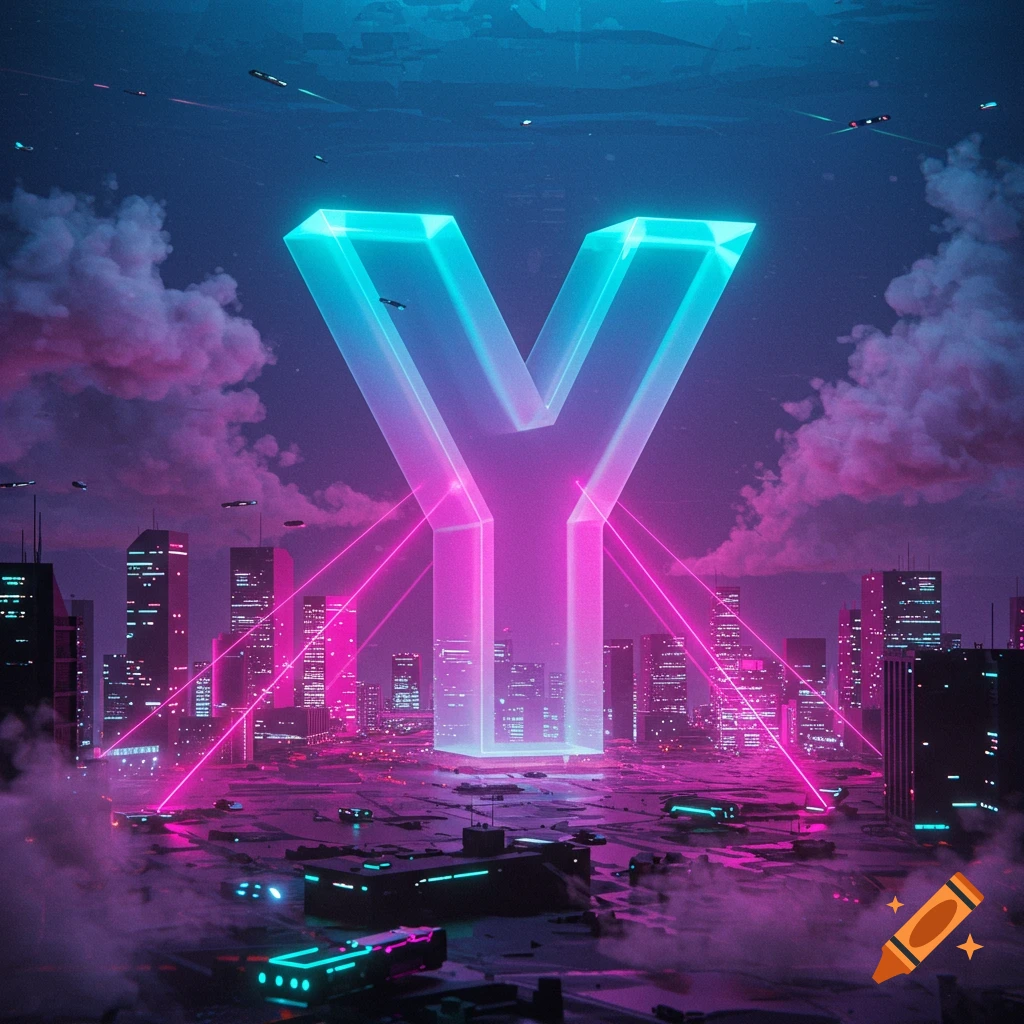 Giant glowing cyan and magenta letter Y dominates a futuristic neon cityscape at night with flying vehicles and pink clouds.