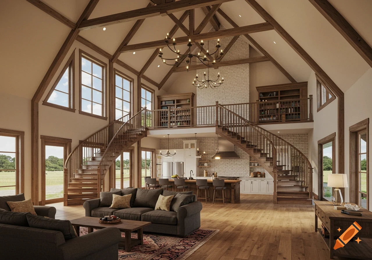 Grand barndominium interior with vaulted ceiling, twin curved wooden staircases, living room, and kitchen under a library loft.