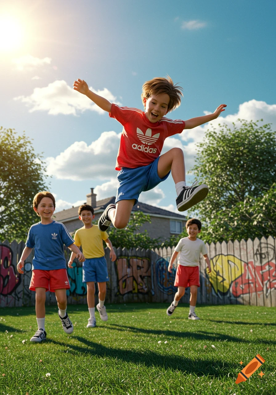 Four boys in 1980s Adidas shorts play in a sunny grassy yard with a graffiti fence, one boy leaps in the air.