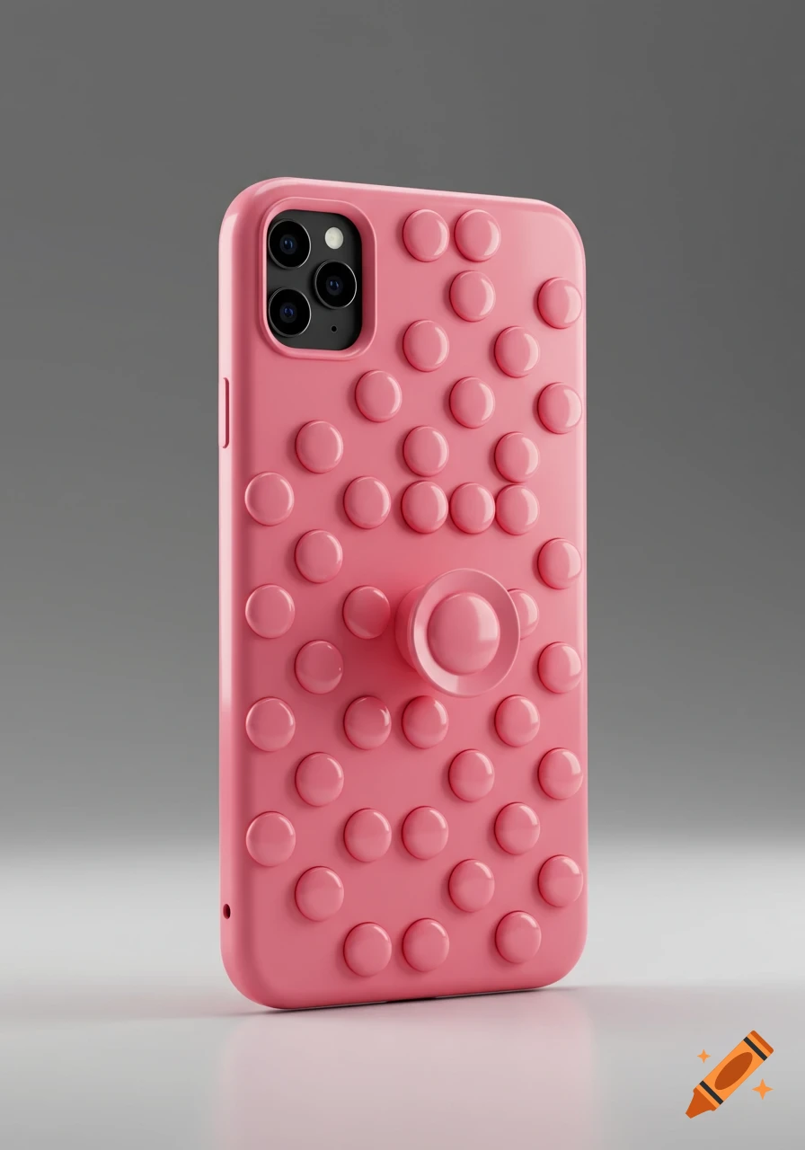 A pink smartphone case with a textured back of circular bumps and a matching pink PopSocket-style grip, against a grey background.