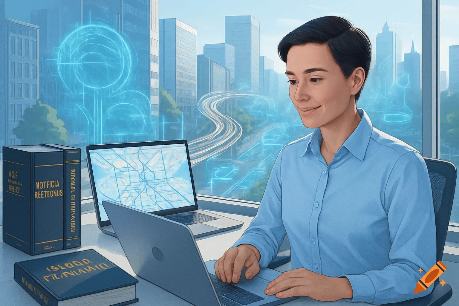 A professional person sits at a desk with two laptops and technical books, analyzing urban maps and data visualizations with a cityscape visible outside.