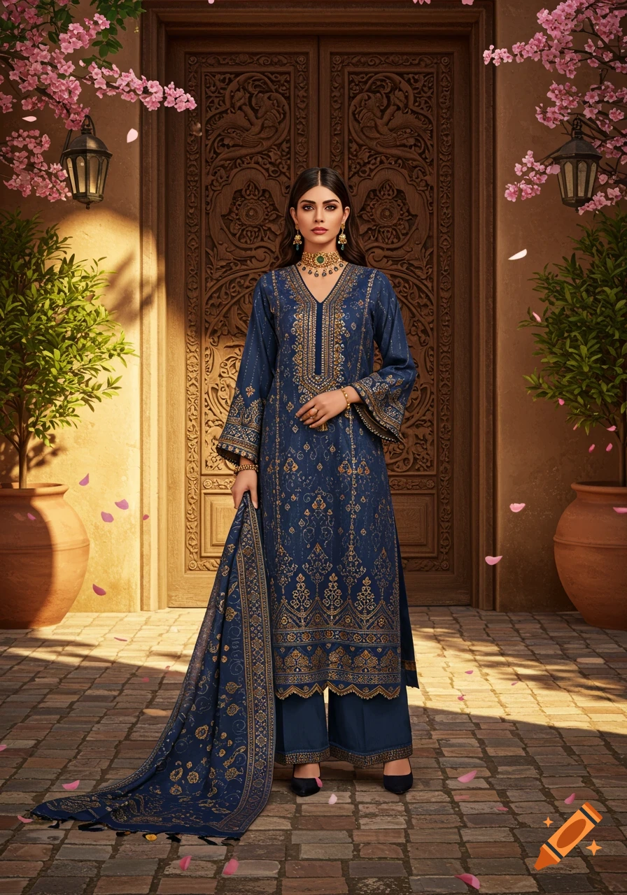 A woman in a navy blue traditional dress with gold embroidery stands before a carved wooden door, surrounded by flowering plants.