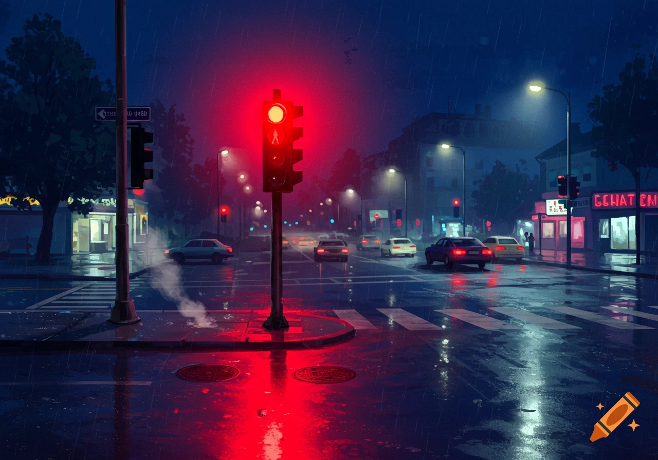 A rainy city street at night with a prominent red traffic light and cars driving on wet pavement, reflecting the lights.