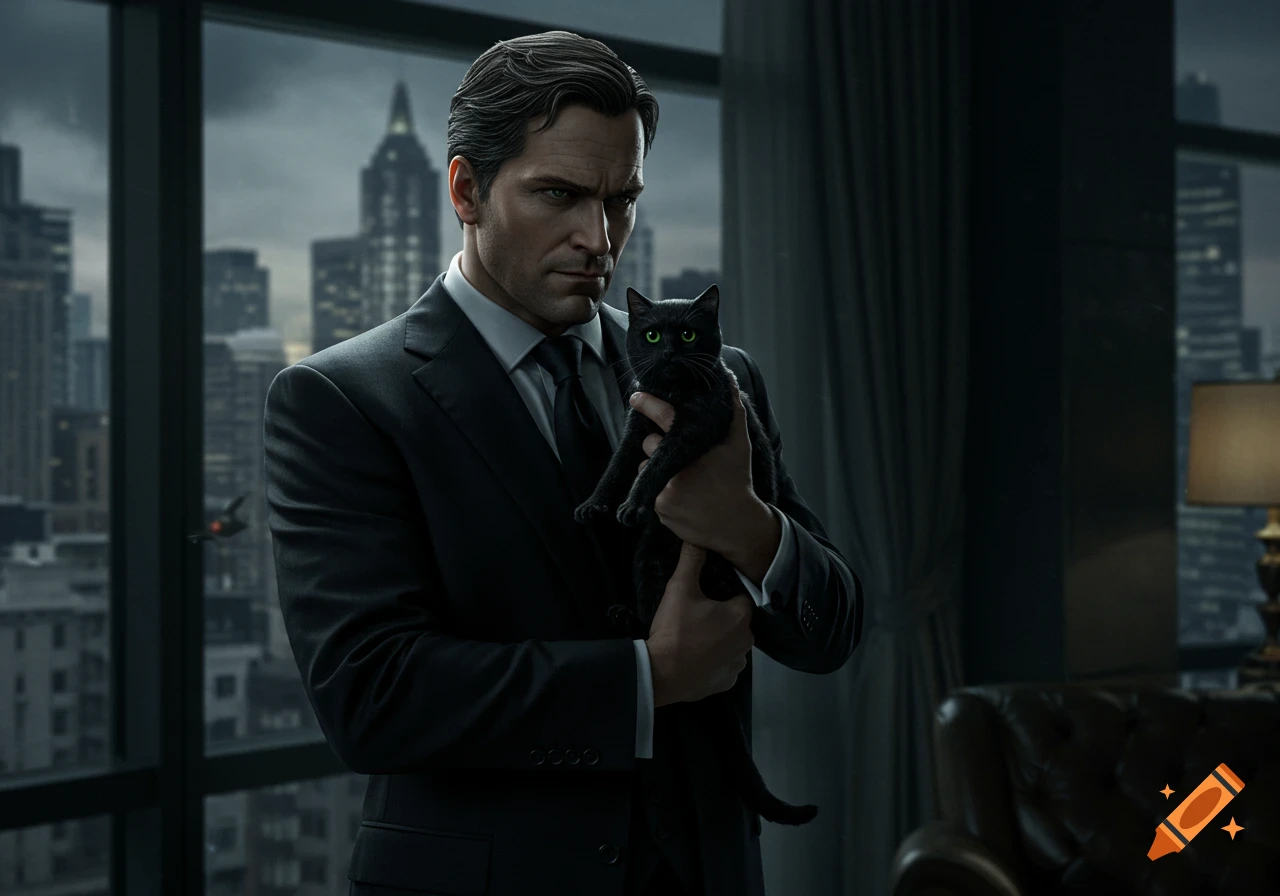 A stern man in a dark suit holds a black cat with glowing green eyes, standing by a large window overlooking a dark cityscape.