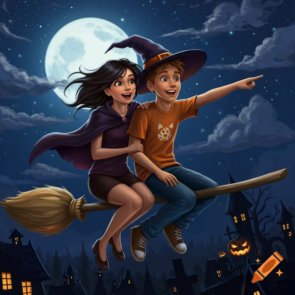 An illustrated boy in a witch hat and a girl fly on a broomstick over a spooky town under a full moon on Halloween night.
