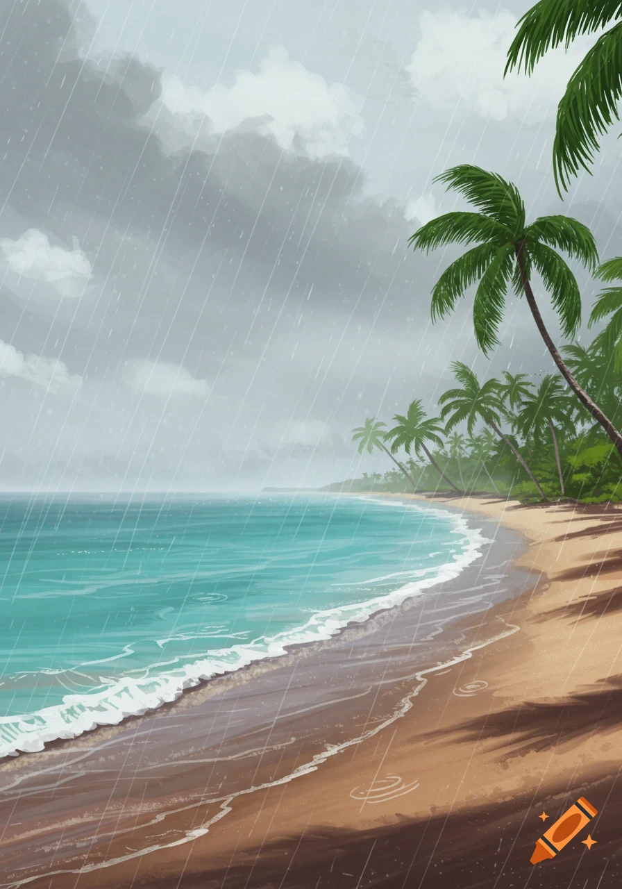 Stylized illustration of a tropical beach with palm trees under a rainy, cloudy sky. Turquoise ocean waves roll onto the sand.