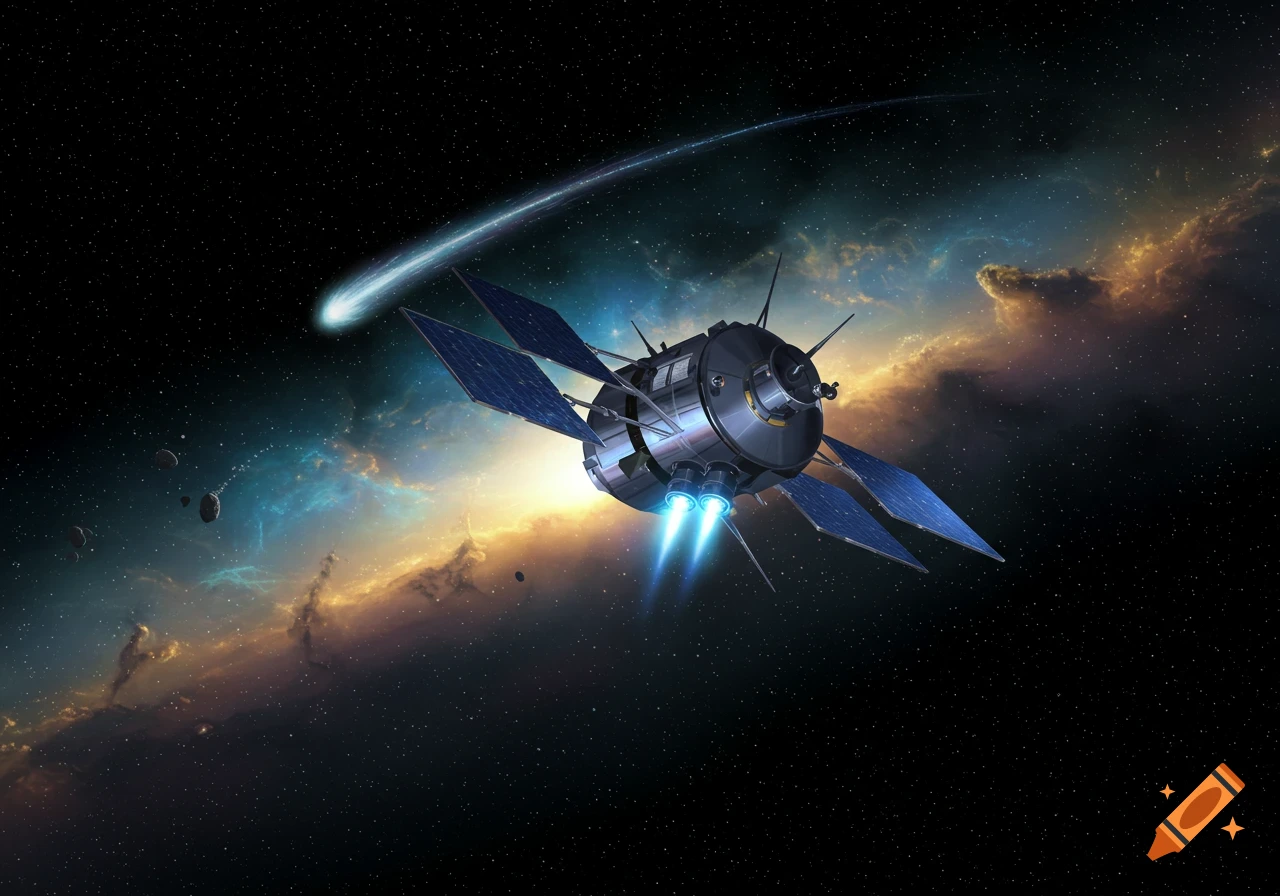 A satellite with blue thrusters and solar panels flies through space, with a bright comet, asteroids, and a colorful nebula in the background.