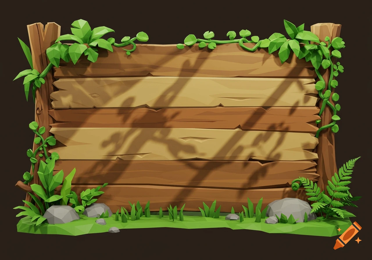 Low-poly 3D render of a wooden signboard bordered by green plants, vines, grass, and rocks, casting shadows.