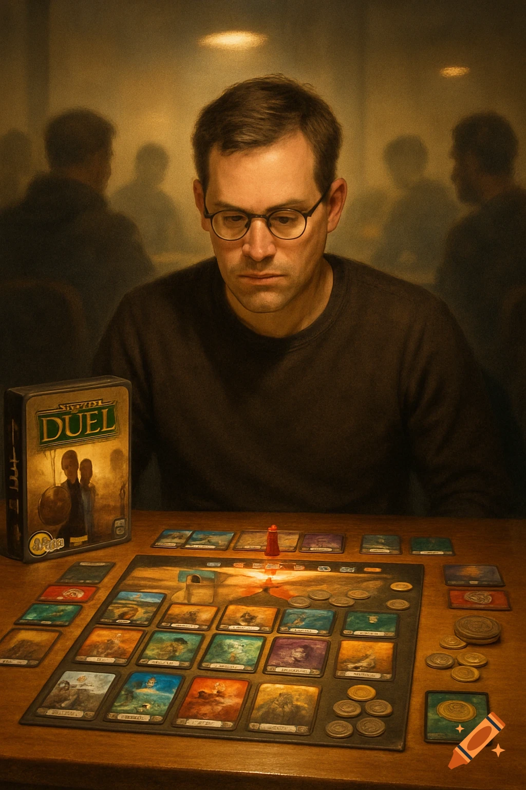 A man with short brown hair and glasses intently playing the board game 7 Wonders Duel, with the game box, board, cards, and tokens visible on a wooden table. Warm lighting.