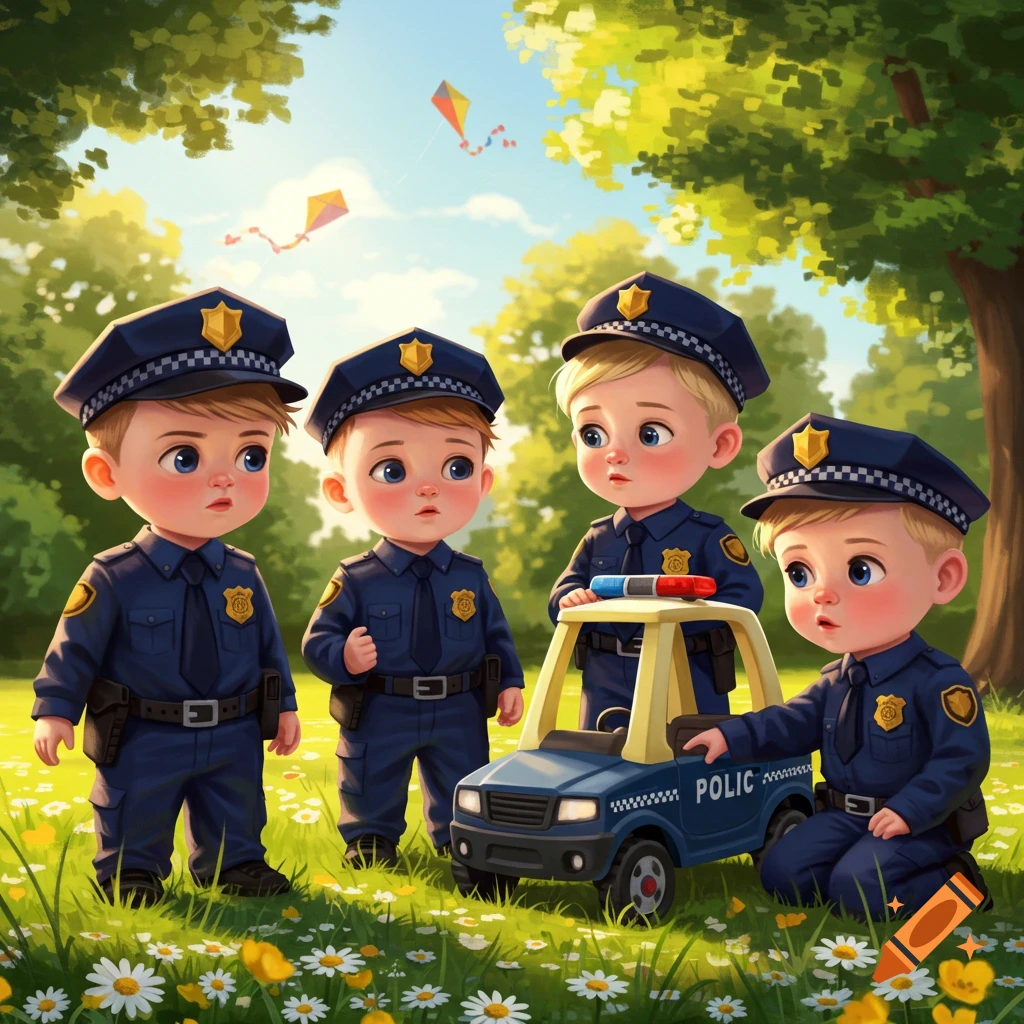 Four blonde cartoon toddler boys in police uniforms playing with a blue toy police car in a sunny park with flowers.