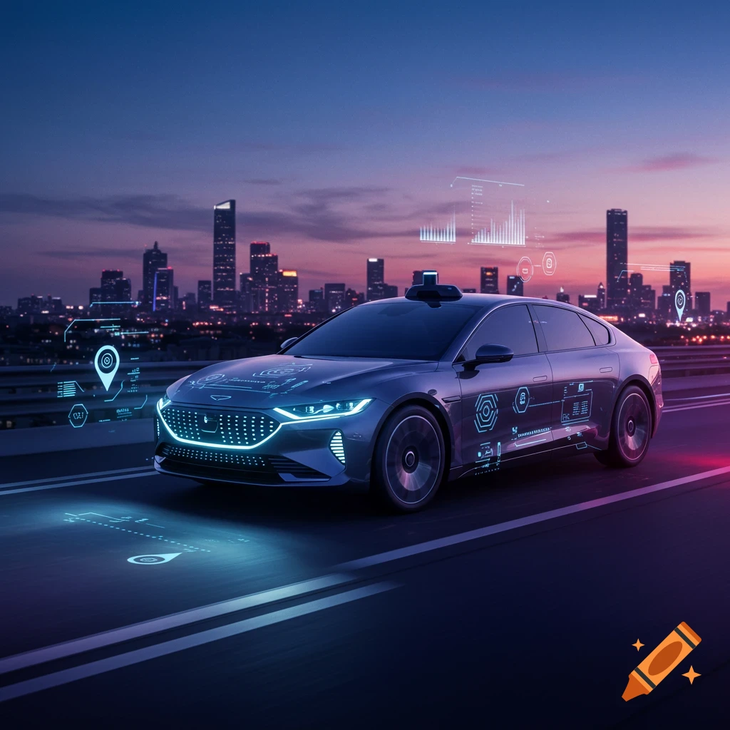 A sleek, futuristic autonomous car with glowing blue data overlays drives on a highway at dusk, with a city skyline in the background.