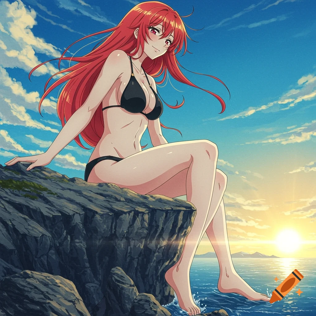 Anime woman with long red hair sitting on a rock by the ocean in a black bikini, with a sunset in the background.