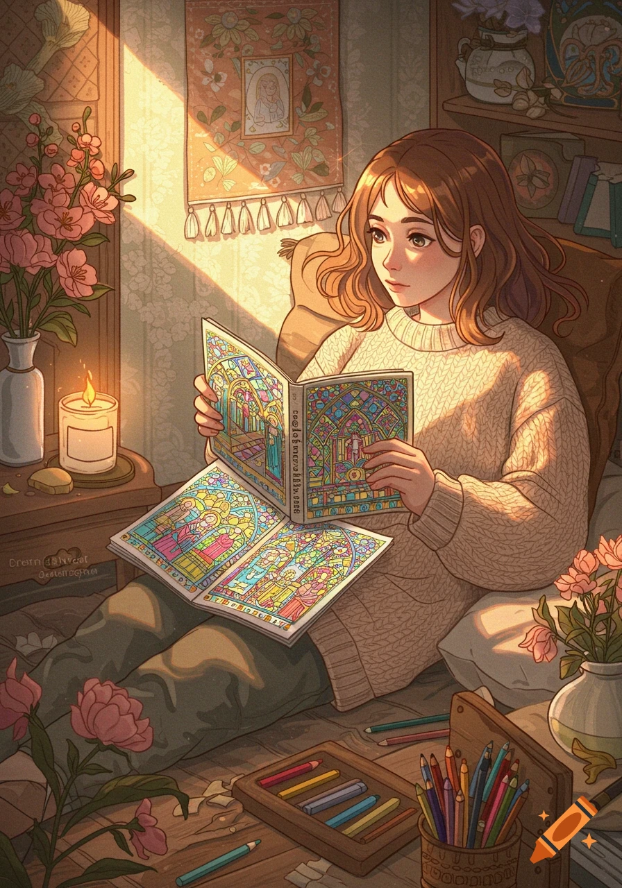 An anime-style illustration of a girl with long brown hair, wearing a white sweater, sitting on the floor and coloring in a book filled with intricate stained-glass patterns. Sunlight streams into the cozy room, illuminating flowers and a lit candle.
