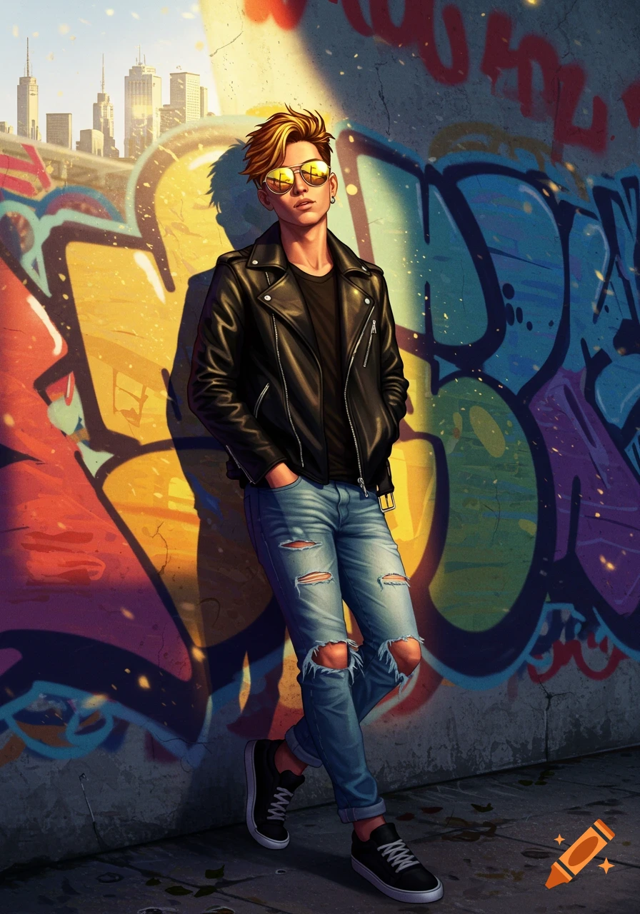 A stylish person in a leather jacket and ripped jeans leans against a graffiti wall with a city skyline at golden hour.
