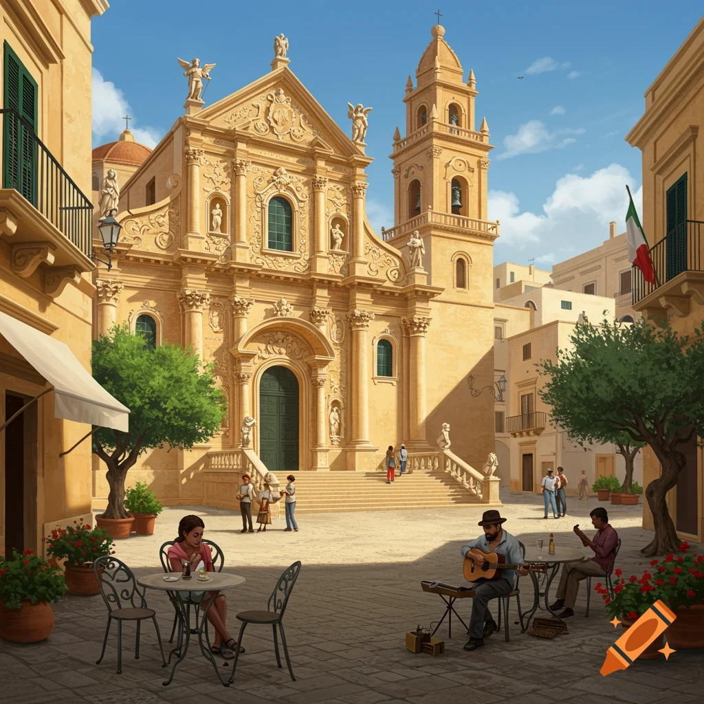 A grand Baroque church dominates a sunny Italian town square, with people strolling, dining at a cafe, and musicians playing.
