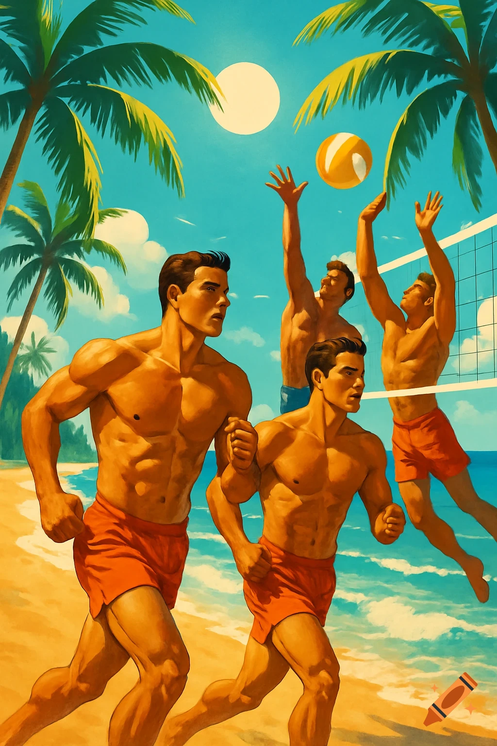 Muscular men play beach volleyball and run on a sunny, sandy beach with palm trees in a vibrant retro illustration.
