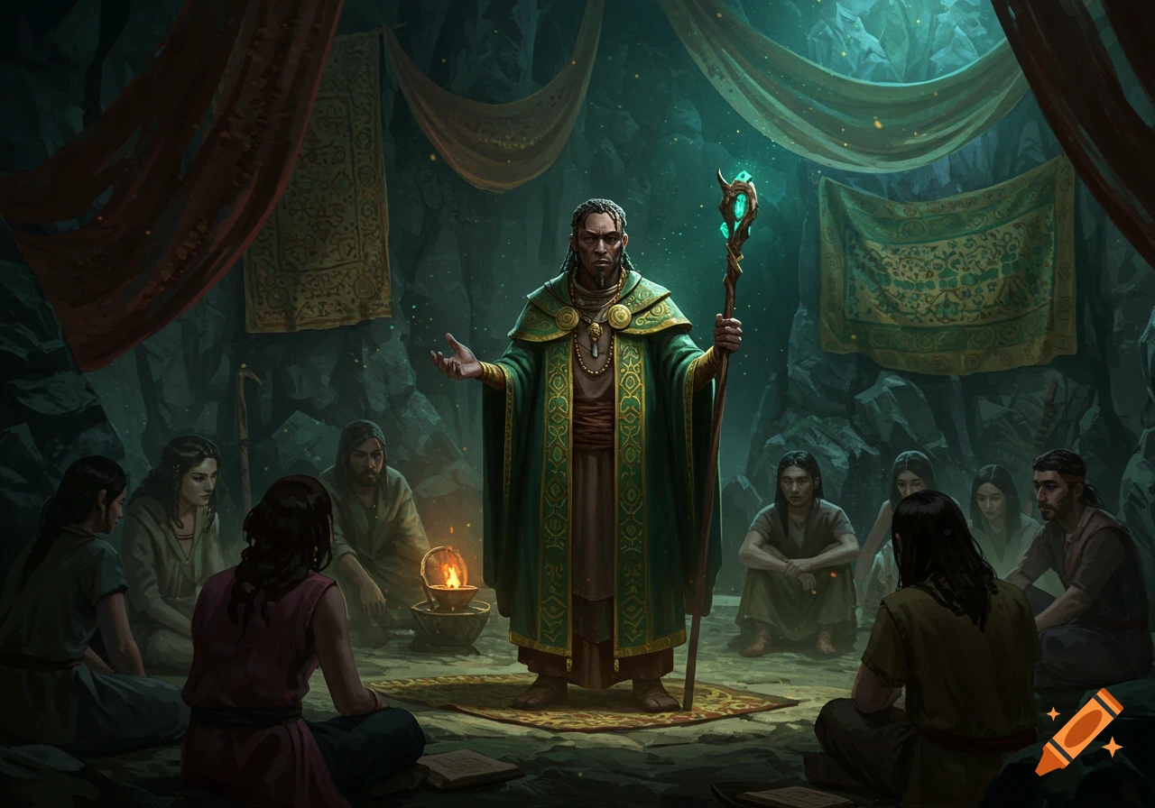 A robed storyteller in a dark cave speaks to a seated audience, holding a glowing staff in this detailed fantasy art.