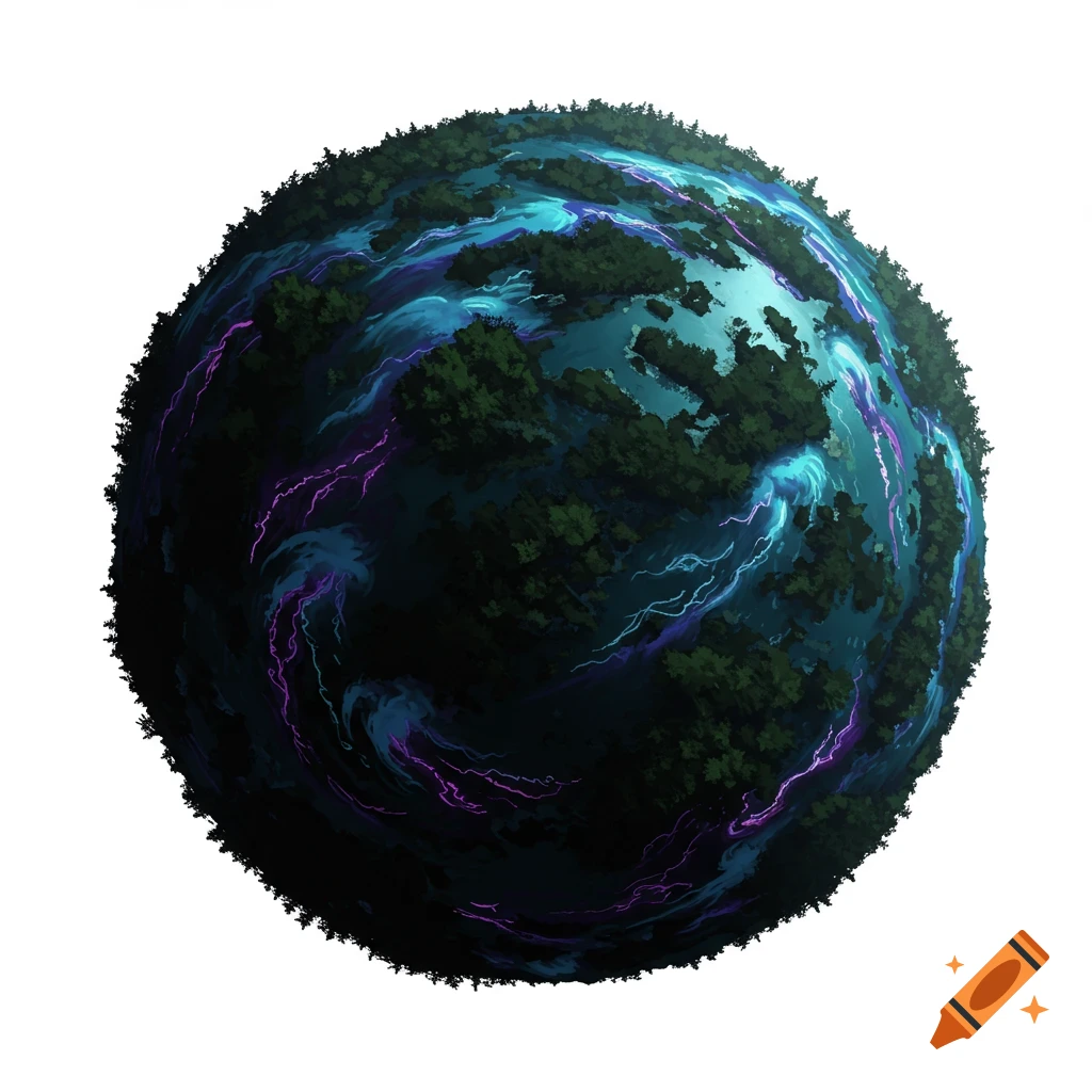 A dark, semi-realistic planet covered in dense green woodlands, with swirling rivers of glowing blue and purple energy across its surface, set against a white background.