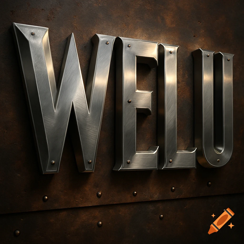 3D metal letters spelling WELU, riveted onto a dark, distressed metallic background, in an industrial art style.
