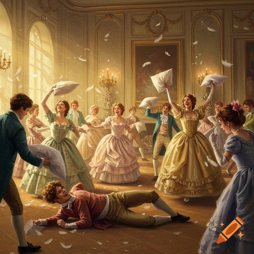 Impressionistic oil painting: Elegant 19th-century figures have a playful pillow fight in a grand ballroom with feathers flying.