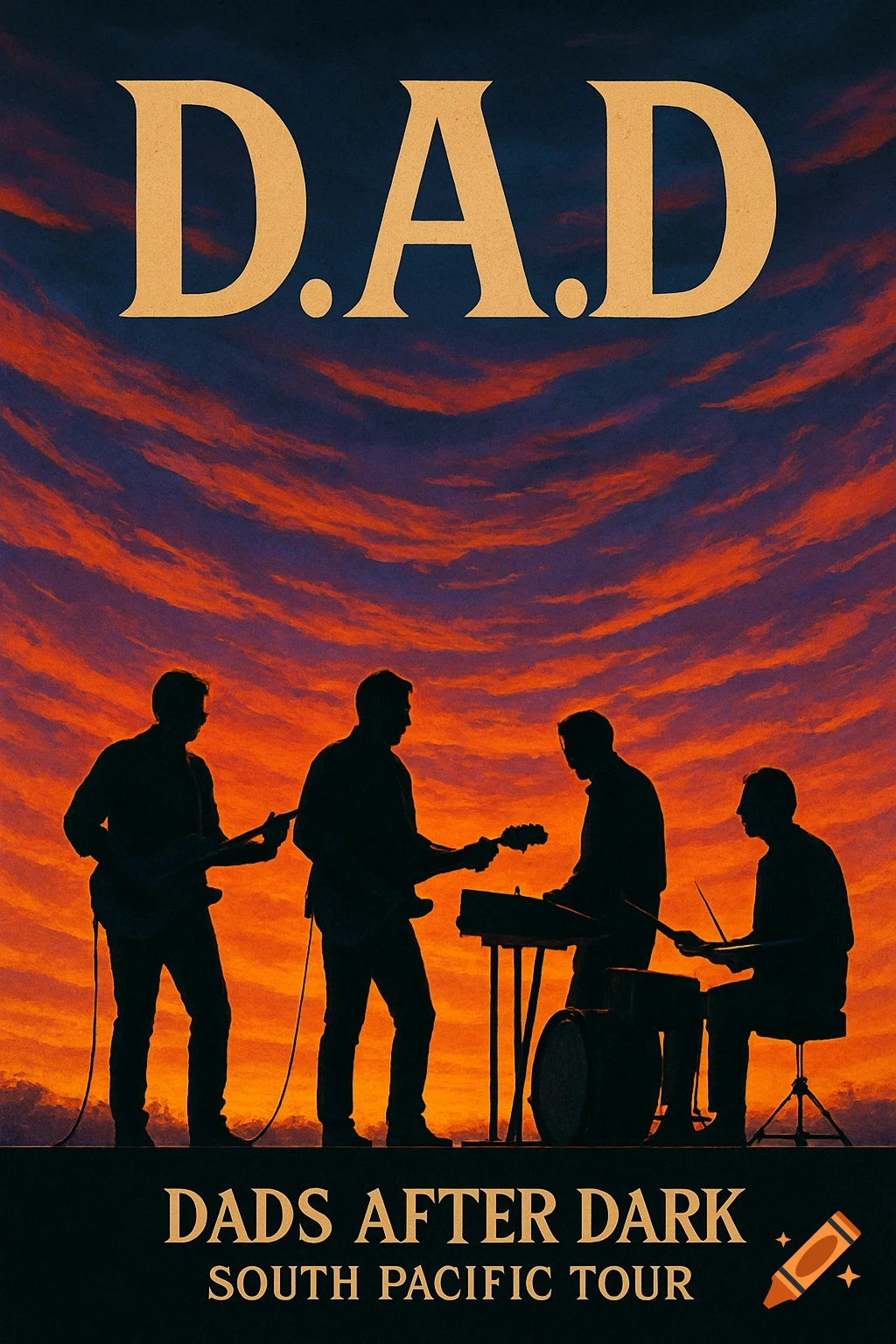 Silhouette of a four-person band playing instruments against an orange and purple sunset with 'D.A.D. Dads After Dark South Pacific Tour' text.