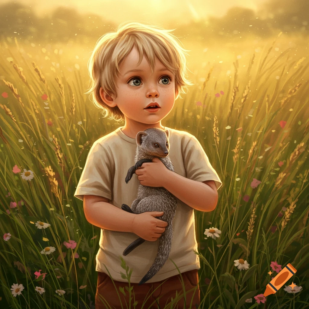A young blond boy with freckles holds a mongoose in a sunlit grassy field with wildflowers, digital art style.