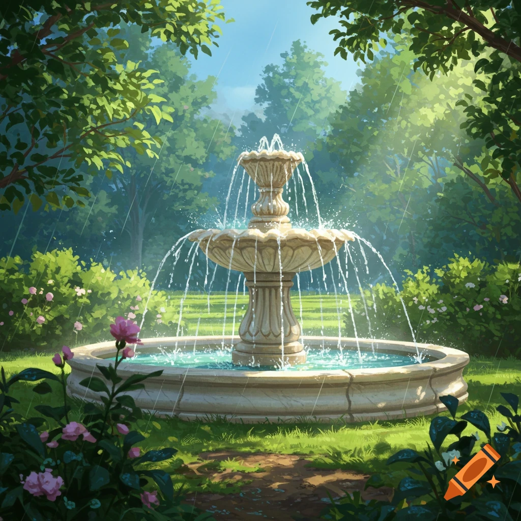 A multi-tiered stone fountain in a lush green garden with trees, bushes, and pink flowers, with light rain falling.